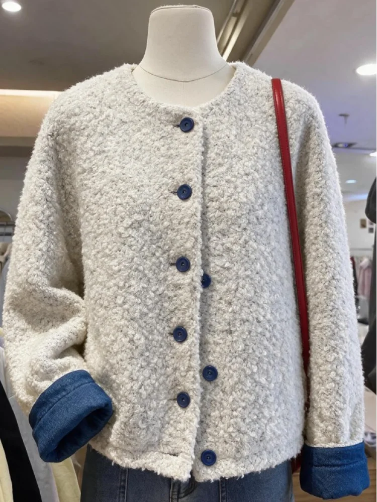 Lamb Fur Jacket Women's Thickened Short Style Cotton Clothes Spring Autumn Winter Warm Casual Outerwear round Neck Single Button