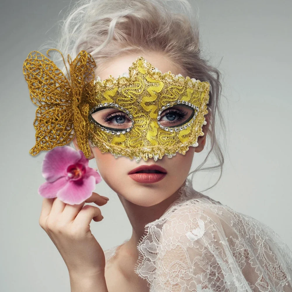 2pcs Elegant Lace Masquerade Party Mask Set Butterfly Painted Couples Masks Half Face Masks for Women Men Dress Carnival Prom