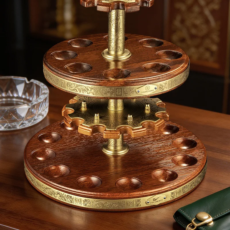 Antique Bronze Double Layer Rotating Wood Pipe Holder Multi-Position Display Rack Carved Tang Grass Pattern
