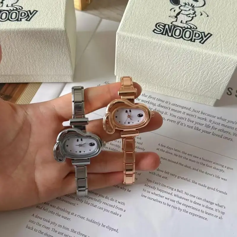 Snoopy Shaped Analog Wrist Watch Stainless Steel Metal Band Quartz Wristwatch Elegant Fashion Accessory with Gift Box