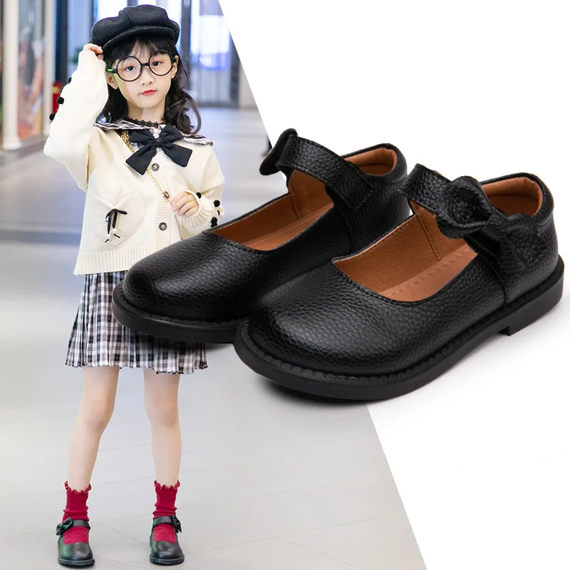 

New Princess Flat Children's Shoes for Girl Black Mary Jane Genuine Leather Sneakers Kids Party Shoes Student Bow Shoes 6 Year