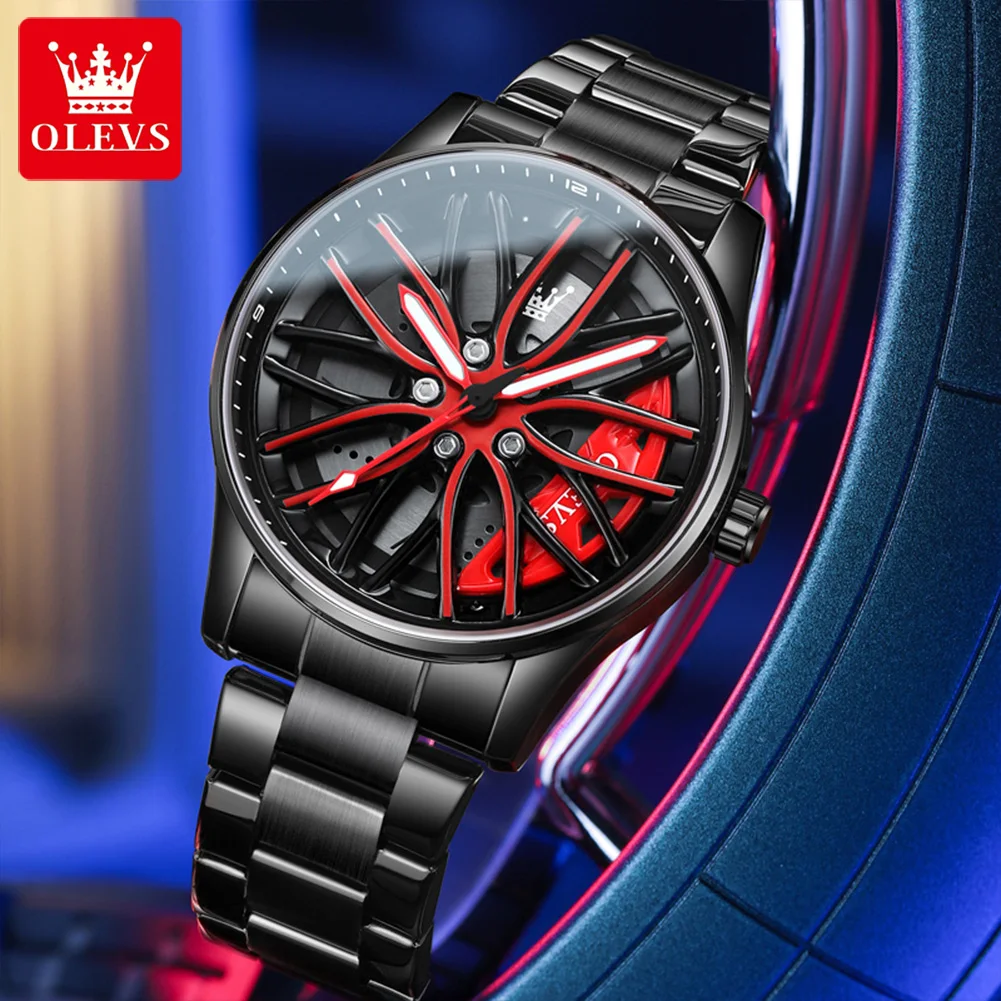 OLEVS-Relógio Quartz Masculino, Roda de Carro, Relógio de Pulso Masculino, Relógios Impermeáveis, Aço Completo, Hub Dial, Legal, Preto, Vermelho