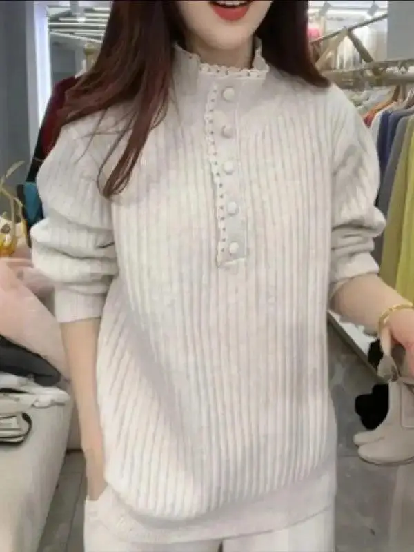 Fashionable Knitted Long Sleeve T-Shirt Base Layer Top Lace Trim Versatile Stylish Knitwear Half High Collar Sweater
