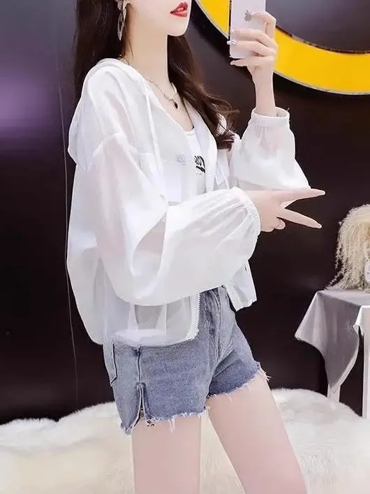 

Lightweight Breathable Short Women's Sun Protection Clothing Drawstring Design Hooded Jacket Summer Fashionable Outerwear
