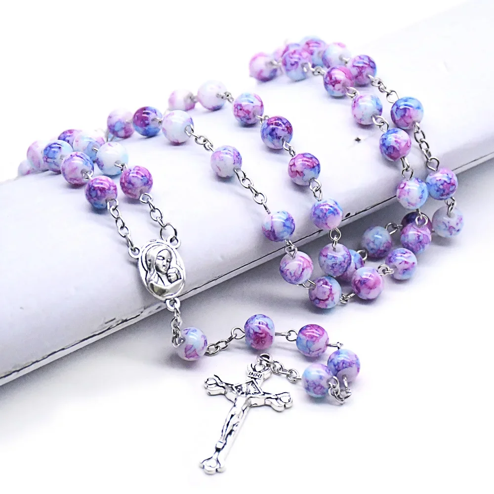 CR015 Vintage Cross Rosary Necklace 8mm Round Glass Beads Jesus Pendant Necklace Women Catholic Religious Jewelry