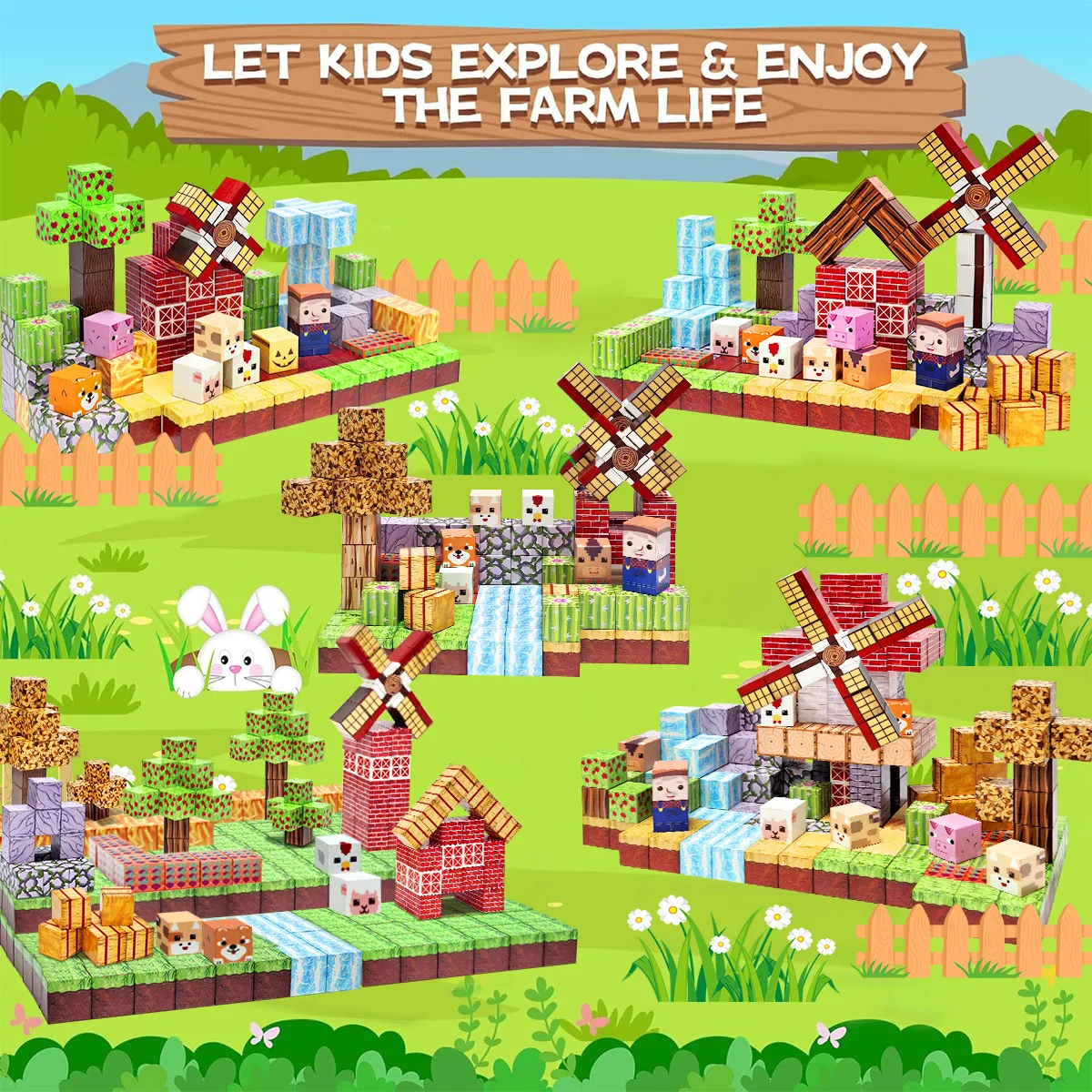 Magnetyczne klocki konstrukcyjne Farma dla dzieci chłopców i dziewczynek od 3 lat Zestaw kubków magnetycznych STEM Montessori Zabawka sensoryczna