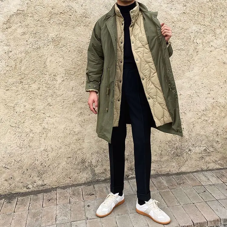 

Fake Two-piece Cotton Jacket Japanese Retro Design Workwear Style Stand Up Collar Mid Length Cold Resistant Jacket Coats Men