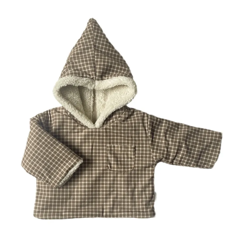 2025 Winter New Baby Hooded Plush Coat Fashion Infant Girls Plaid Cardigan Plus Velvet Thick Toddler Boys Reversible Tops Coat