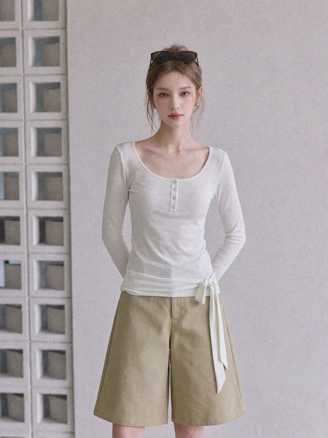 Retro American Henry Collar Long Sleeve T-Shirt Women Early Autumn Waist Cinching Thin Micro Translucent Base Shirt INS