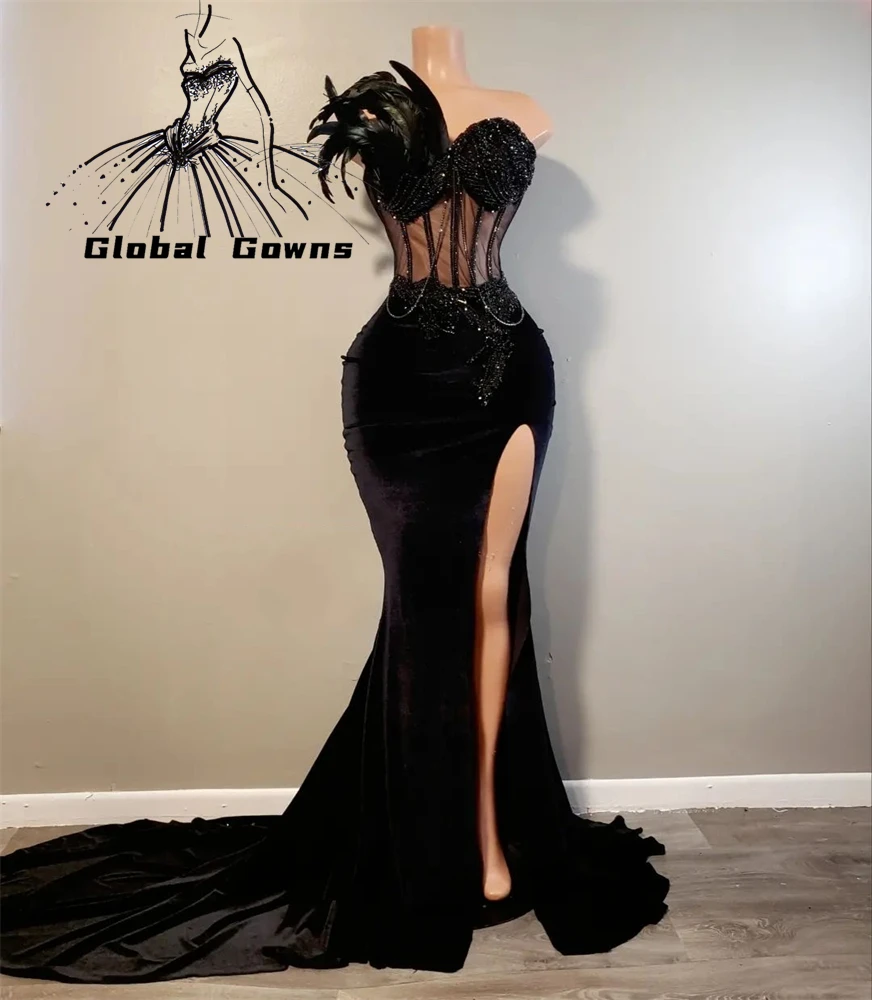 Black Strapless Long Prom Gowns Black Girls Bead Appliques Birthday Party Dresses Feathers Evening Dress Robe De Bal Customized