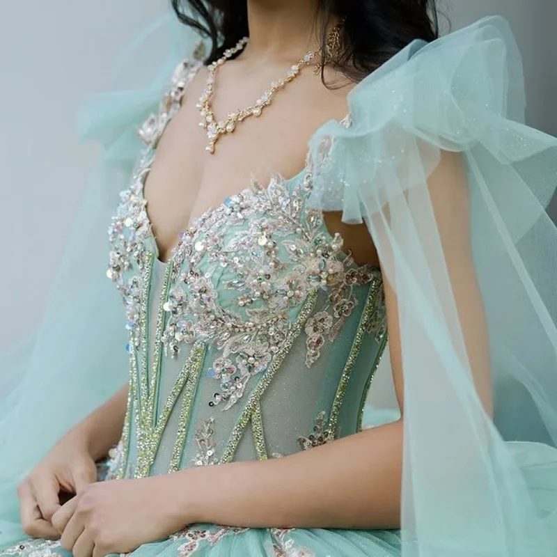 

Shiny mint green Quinceanera Dress off-shoulder Lace glitter flower decal Bow Long tail vestidos de 15 Quinceanera ﻿Customize