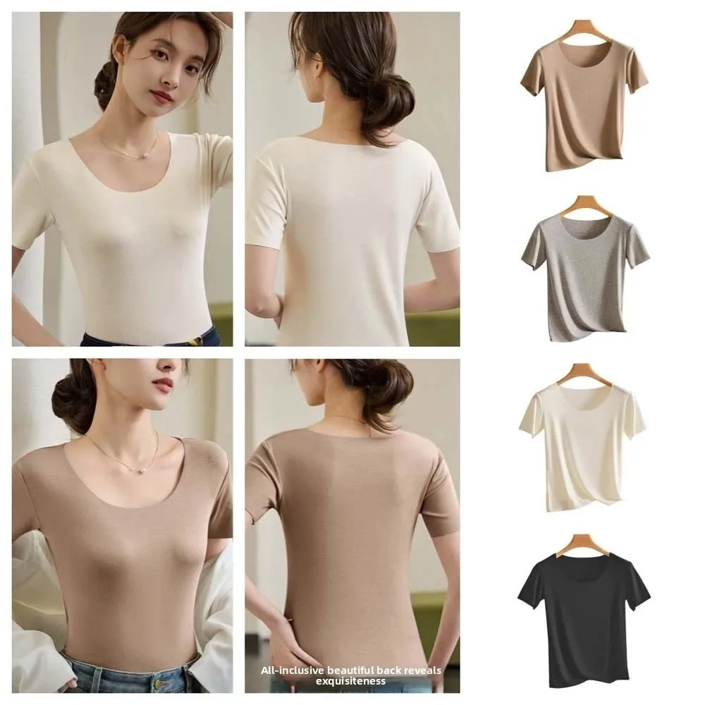 

Breathable U Round Neck Women Thin T-shirts Korean Style Solid Color Female Crop Tops Modal Undershirt Base Shirt Travel