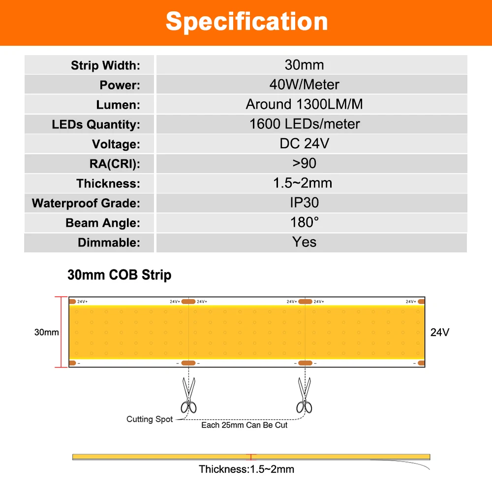 5m Super Bright 24V COB LED Strip CRI 90 Dimmab Flexible 30mm Wide LED Ribbon Tape 3000K 4000K 6000K for Indoor Lighting DC24V