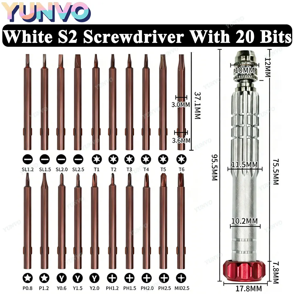 Precision Screwdriver Set with 20 Magnetic Bits, Multi‑Color Aluminum Handle Repair Tool Kit for Mobile Phone Tablet Disassembly