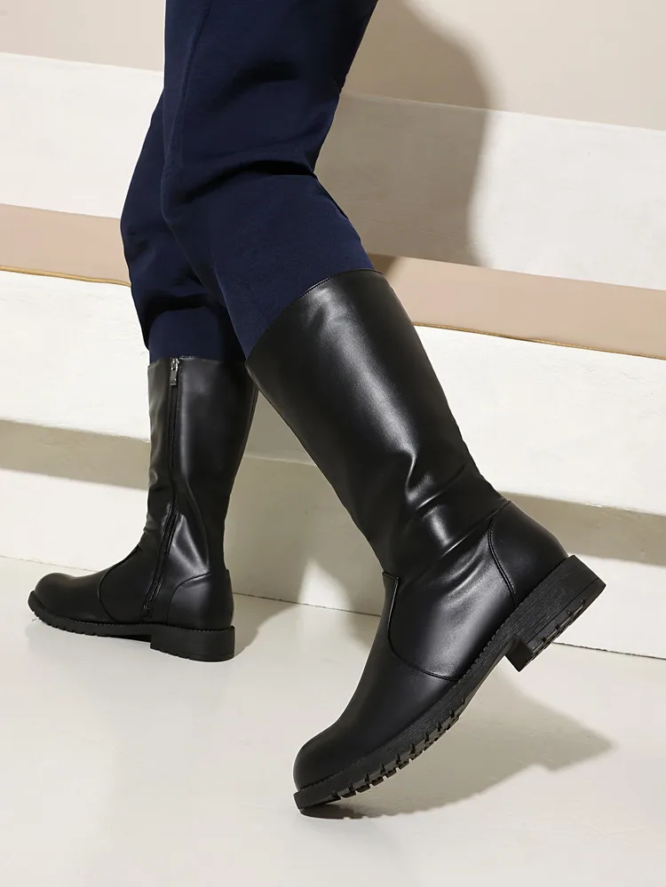 Men's Knight Boot with Belt Buckle High Top Autumn Winter Fashion Casual round Toe Anti-Slip Rubber Outsole Leather Lined