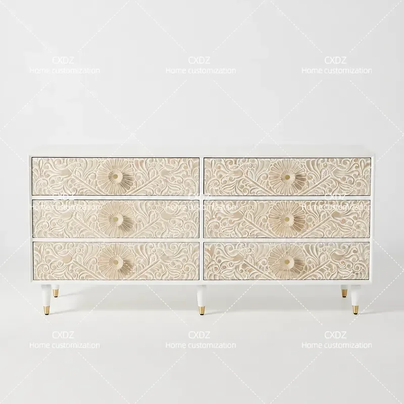 Retro Solid Wood Six Drawer Chest Hand Carved Storage Cabinet Simple Country Style Locker for Home Organization
