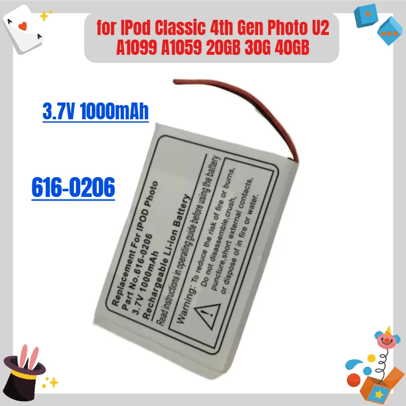 

High Quality Battery 616-0206 3.7V 1000mAh for IPod Classic 4th Gen Photo U2 A1099 A1059 20GB 30G 40GB