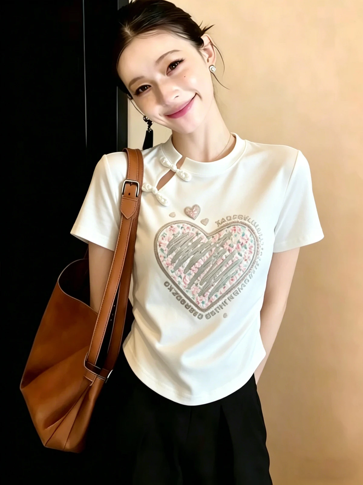 White Heart Print Short Sleeve T-Shirt Women's Casual Style Button Design Hollow out Detail Age-Defying Summer New Arrival