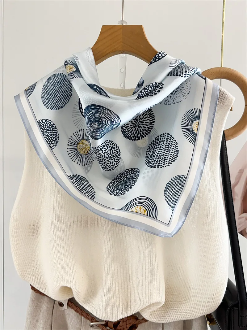 2026 Women 100% Silk Square Scarf Geometric Circle Dot Print Bandana Neck Scarves Elegant Decorative Hair Handbag Scarf