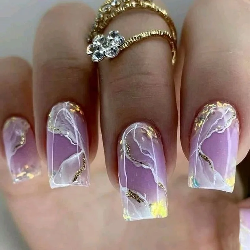 

24Pcs Gradient Cloud Press on Nails Medium Sized Shell Pattern Nail Tips Violet White Yarn Glittering Gold Foil Embellished Wear