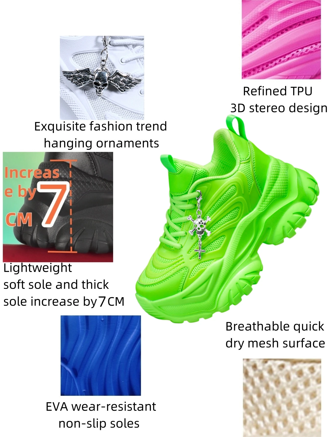 Modische, vulkanisierte Damenschuhe für den Außenbereich, geeignet für alle Jahreszeiten, leichte Eva-Sneaker mit dicker Sohle und 7 cm Absatzhöhe in Grün, kombiniert mit einem abnehmbaren, silberfarbenen Kreuz-Schädel-Anhänger im Halloween-Punk-Stil, vielseitiger Stil für den täglichen Gebrauch und Fitnessaktivitäten. – Detail 2