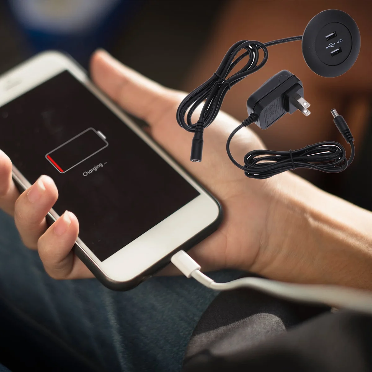 

Dual USB Charging Socket Desktop Mountable Grommet Outlet for Desk Table Sofa Space-Saving Design with Us Plug Black