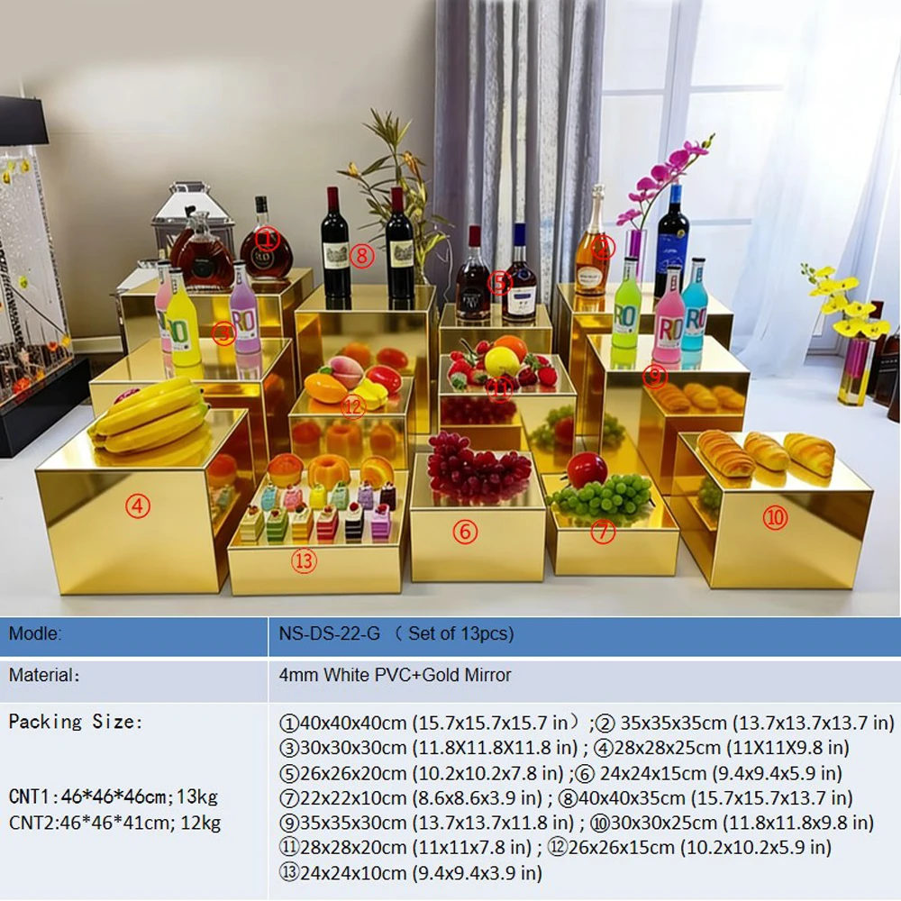 Display Stand 13pcs Gold Acrylic Display Box Stand Tabletop Catering Buffet Dessert Risers Set Waterproof Durable