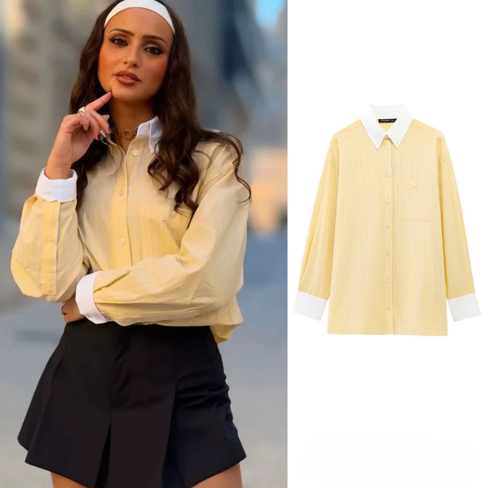 

ZBZA Women Loose Striped Print Shirt Contrast Color Lapel Single Breasted Long Sleeve Commuter Blouse Spring Summer New Chic Top
