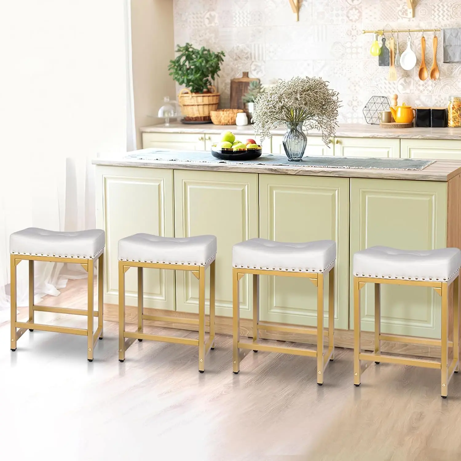 Bar Stools Set of 2, Counter Height Bar Stools for Kitchen Island, 24 Inch Modern White & Gold Saddle Backless Barstools, Counte