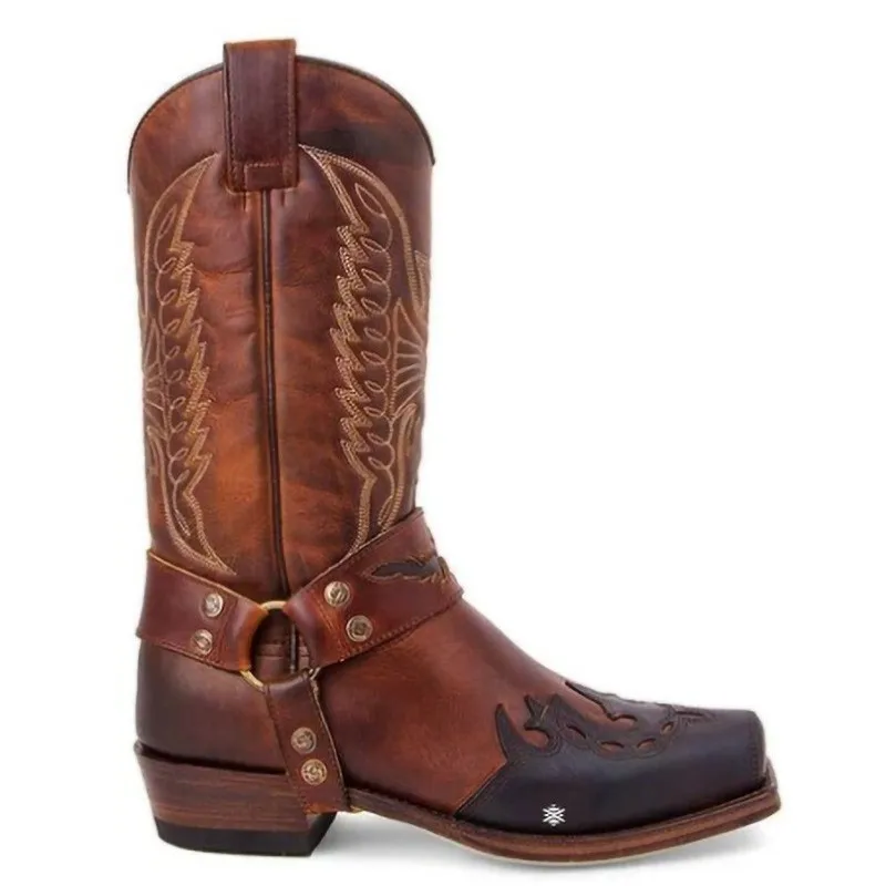Herren Western-Cowboystiefel mit Quadratischer Zehenkappe, Retro-Stickerei, Halbhohe Ritterstiefel mit Schnallenriemen, Niedriger Absatz, Outdoor-Herrenschuhe Neu 2026 – Detail 6