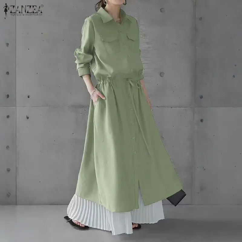 ZANZEA المرأة قميص طويل فستان الخريف ملابس علوية بأكمام طويلة للربيع الرباط عالية الخصر فيستدو التلبيب موضة عادية الصلبة حفلة ميدي رداء