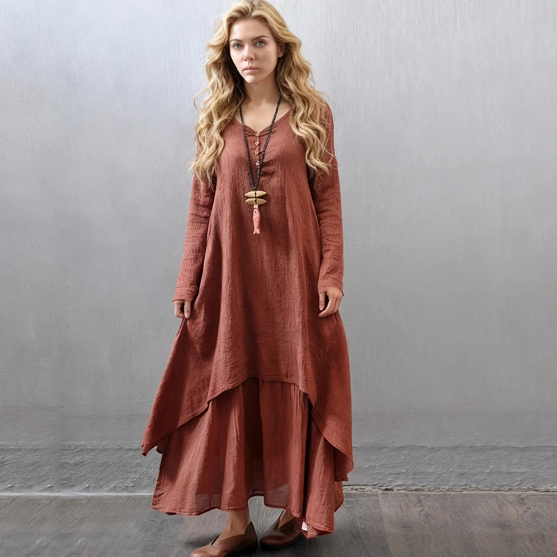 Nowa Letnia Sukienka Damska z Bawełny i Lnu, Długa, Codzienna, z Długim Rękawem, Dekolt w Serek, Luźna, Elegancka, Vintage, Wakacyjna, Plażowa Sukienka Damska