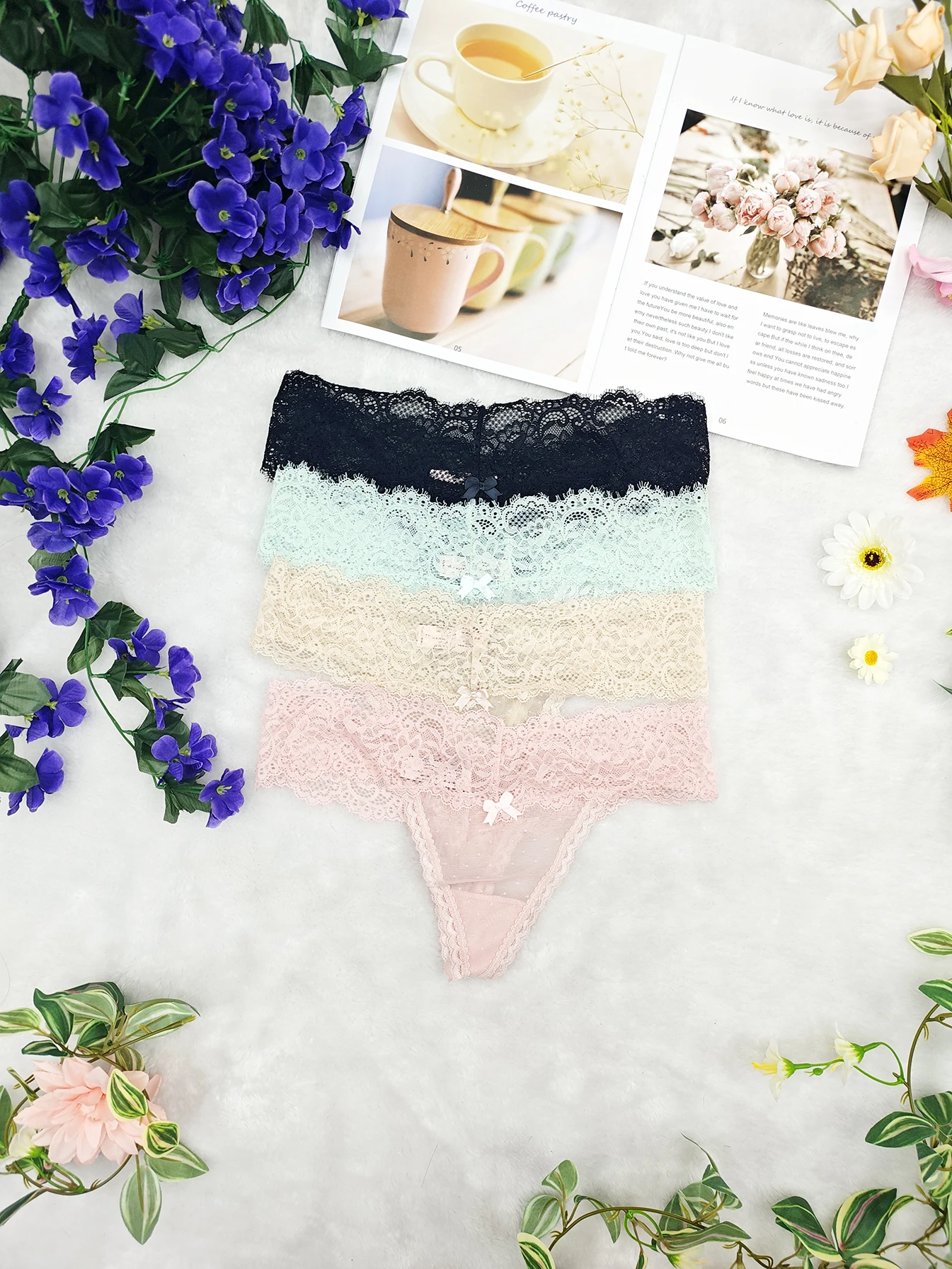 4 قطع/مجموعة سراويل رفيعة شبه شفافة مثيرة ومزينة بالدانتيل للفتيات، سراويل T منخفضة الخصر، قابلة للتنفس #1