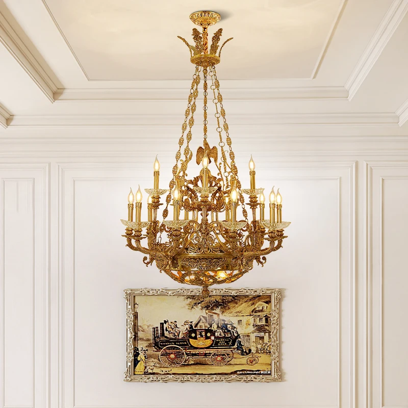 French Royal Copper Flying Eagle Decorative Chandelier Villa Duplex Living Room Candle Rectangular Pendant Light