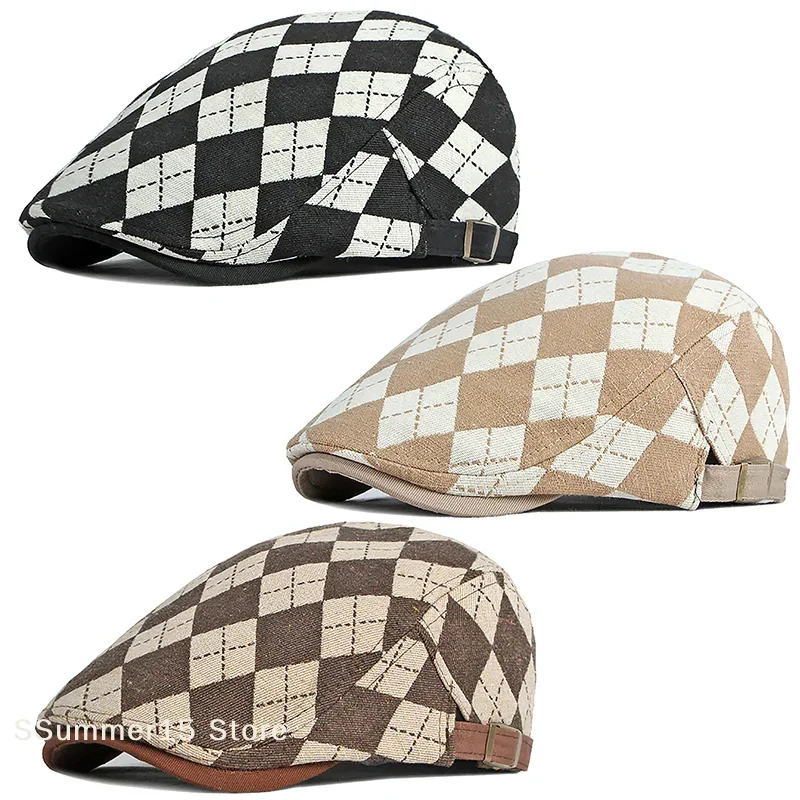 Spring Autumn Beret Hats Vintage Checkered Brown Coffee Khaki Flat Cap Front Cap Painter Cap Man