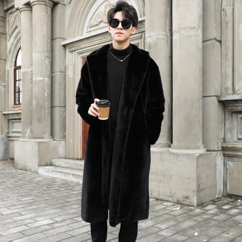 Men's autumn and winter mink fur coat, long knee length synthetic fur coat, thickened plush windbreaker, cotton jacket, trendy