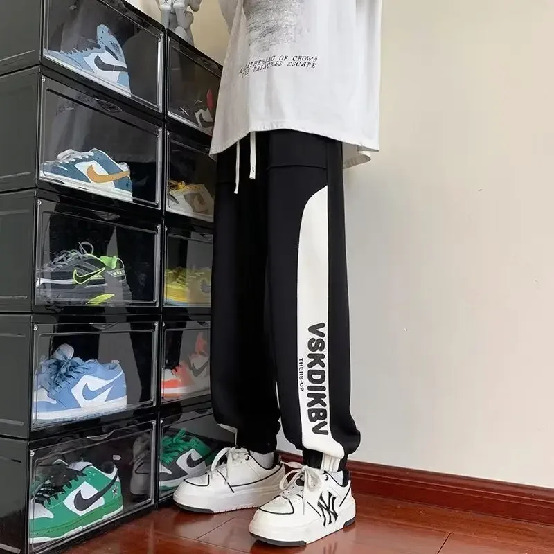 Męskie spodnie dresowe z łączonych kolorów, litery, hip-hopowe spodnie sportowe, ocieplane polarem i bardzo grube, fajne koreańskie spodnie retro Y2k.