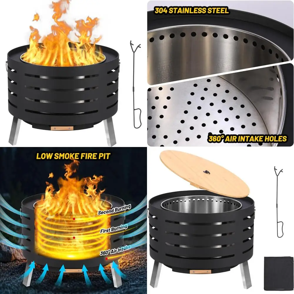 

26 Inch Smokeless Firepit, Wood Burning Firepit with Fire Poker, Lid, Removable Ash Pan, Waterproof Cover, Modern Portable Fire