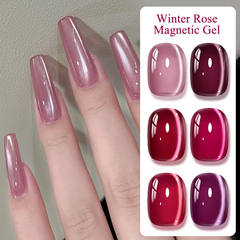 7pcs Red Winter Rose Cat Magnetic Gel Nail Polish Set Glass Beads Magnetic Semi Permanent Soak Off UV Gel Varnish For Valentine
