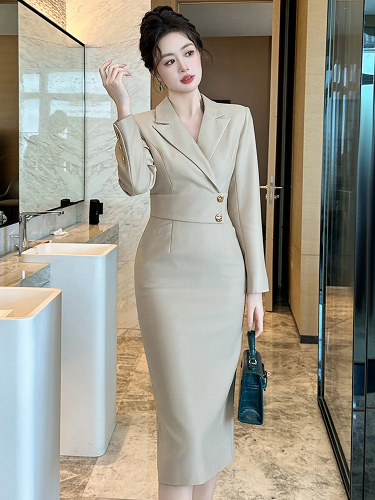 แฟชั่นElegantธุรกิจอย่างเป็นทางการชุดเสื้อผ้าผู้หญิงProfessionalสไตล์แขนยาวMidi Robe Office Lady Vestidosฤดูใบไม้ผลิ