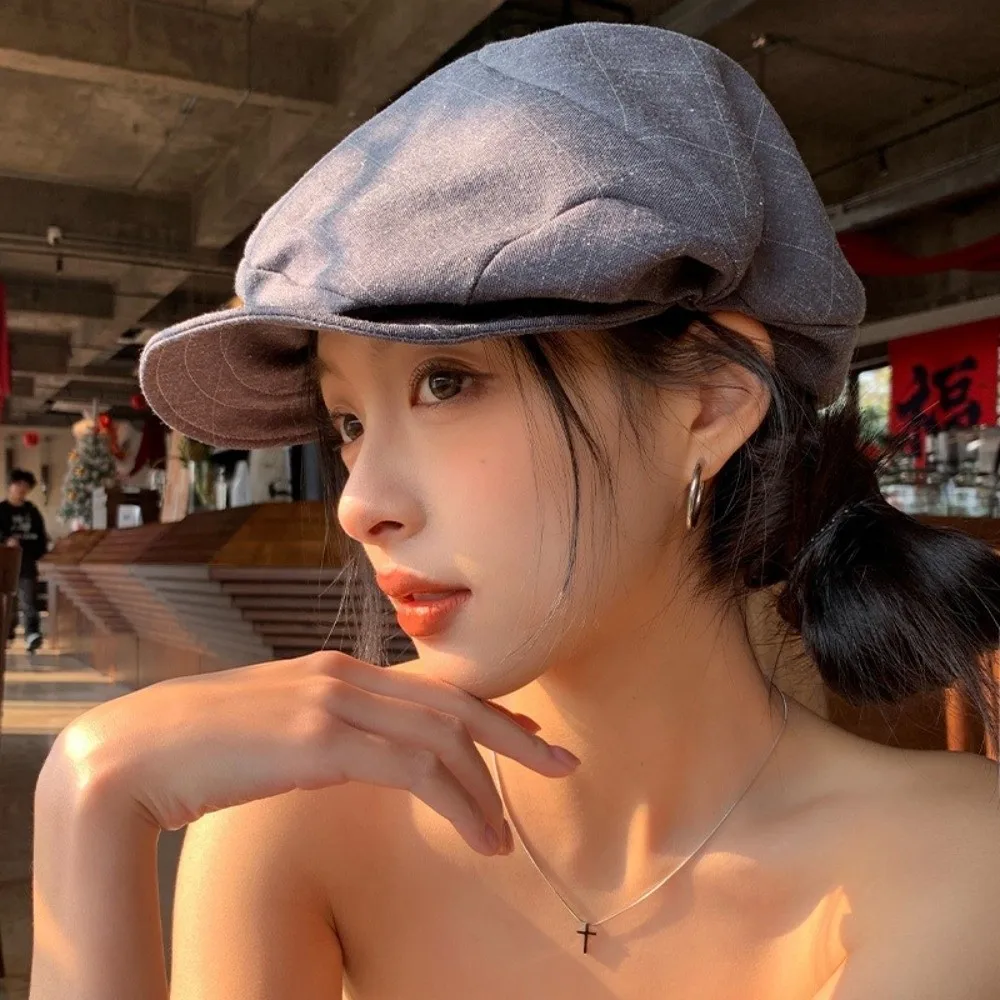 

Retro Vintage Plaid Beret Cloud Newsboy Octagonal Cap Artist Visor Peaked Hat Women