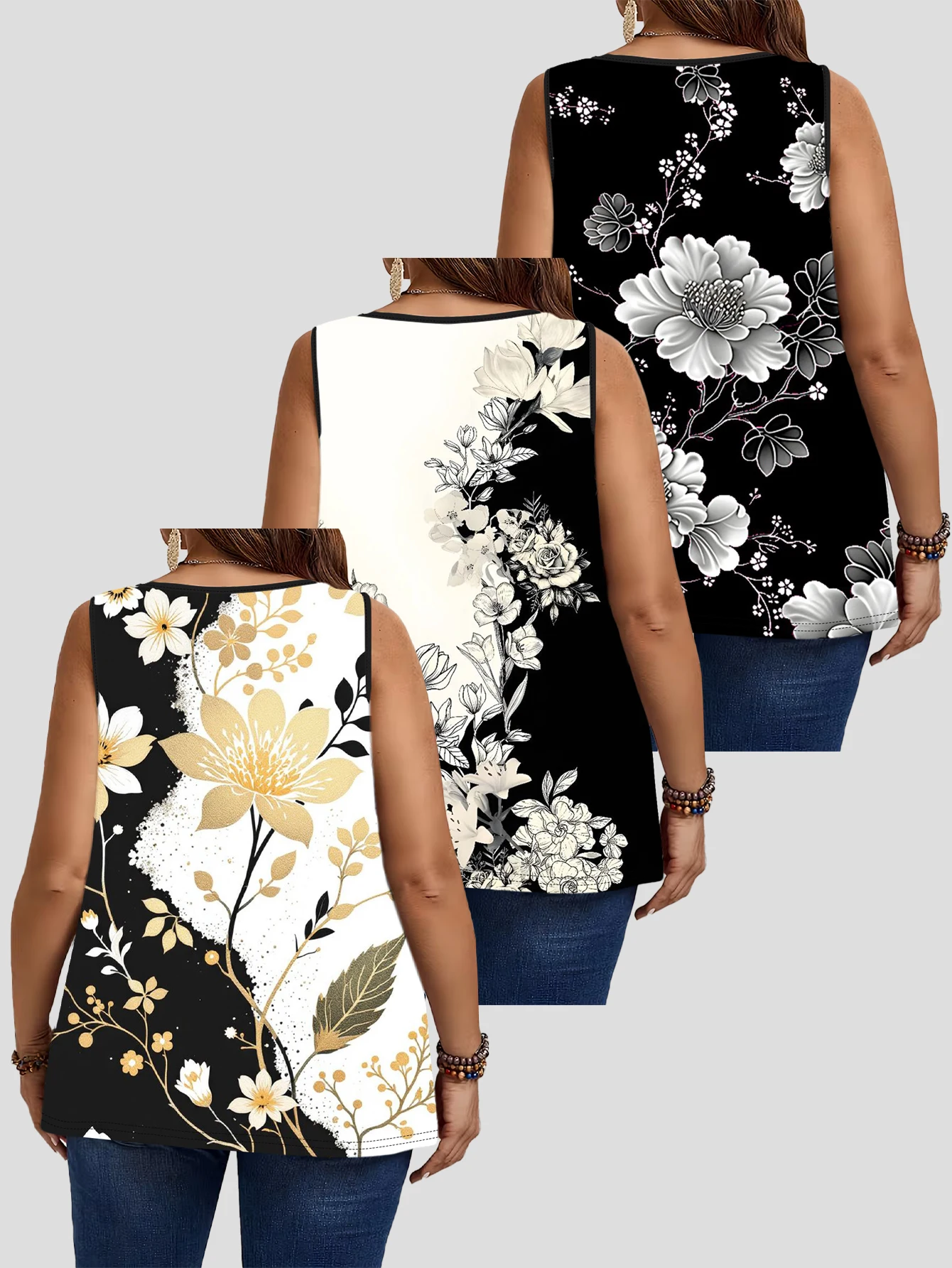 3-Piece Set of Plus-Size Sleeveless Vests with Black and Gold Contrasting Floral Print, Light Luxury and Elegant Loose-Fitting Camisole Tops That Flatter the Figure
