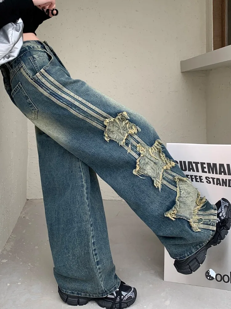 American Retro Women's Casual High Waist Straight Jeans Pockets Hip-hop Pants 2024 Spring Y2K Grunge Stars Tassels Denim Trouser