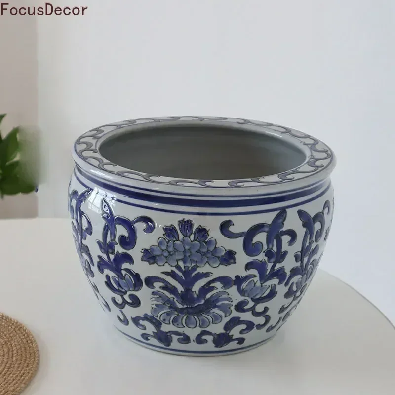 

Ceramic Blue and White Porcelain Flower Pot Living Room Retro Chinese Style Chinese Style Green Basket Bowl Lotus Planter