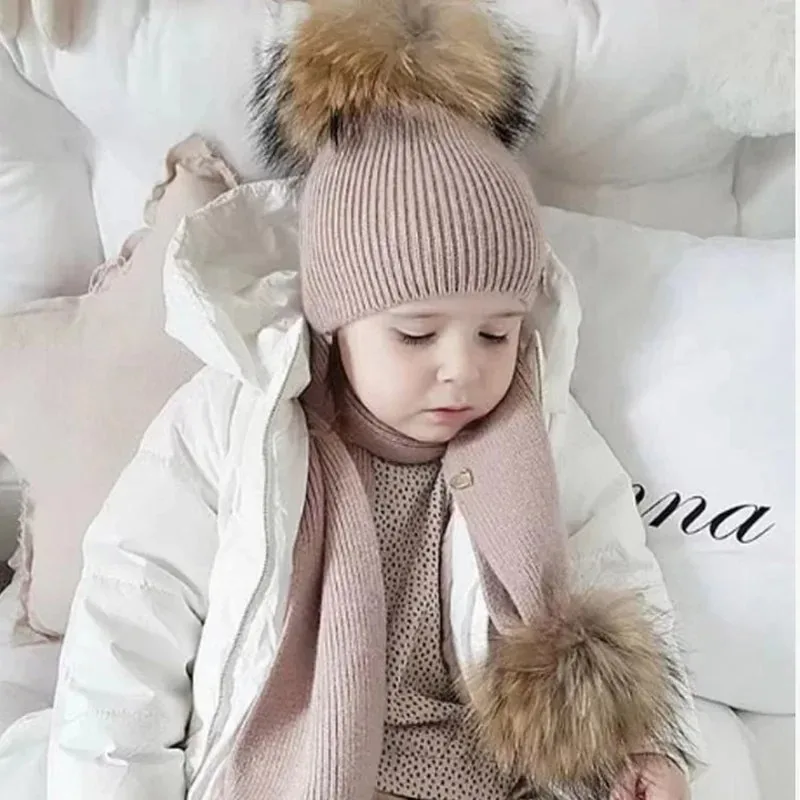 Ins Spanish Children's Rabbit Velvet Warm Hat Real Raccoon Fur Ball Hat 1-8 Years Old Baby Photography Props Girls Winter Hats