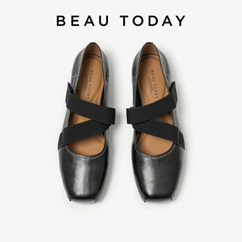 BEAUTODAY Mary Janes Women Calfskin Leather Square Toe Hook Loop Retro Ballet Ladies Flat Shoes Handmade 28396