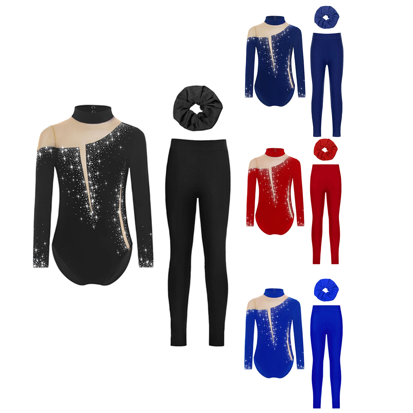 Enfants filles Ballet danse patinage artistique gymnastique acrobatie justaucorps à manches longues strass maille body avec Leggings