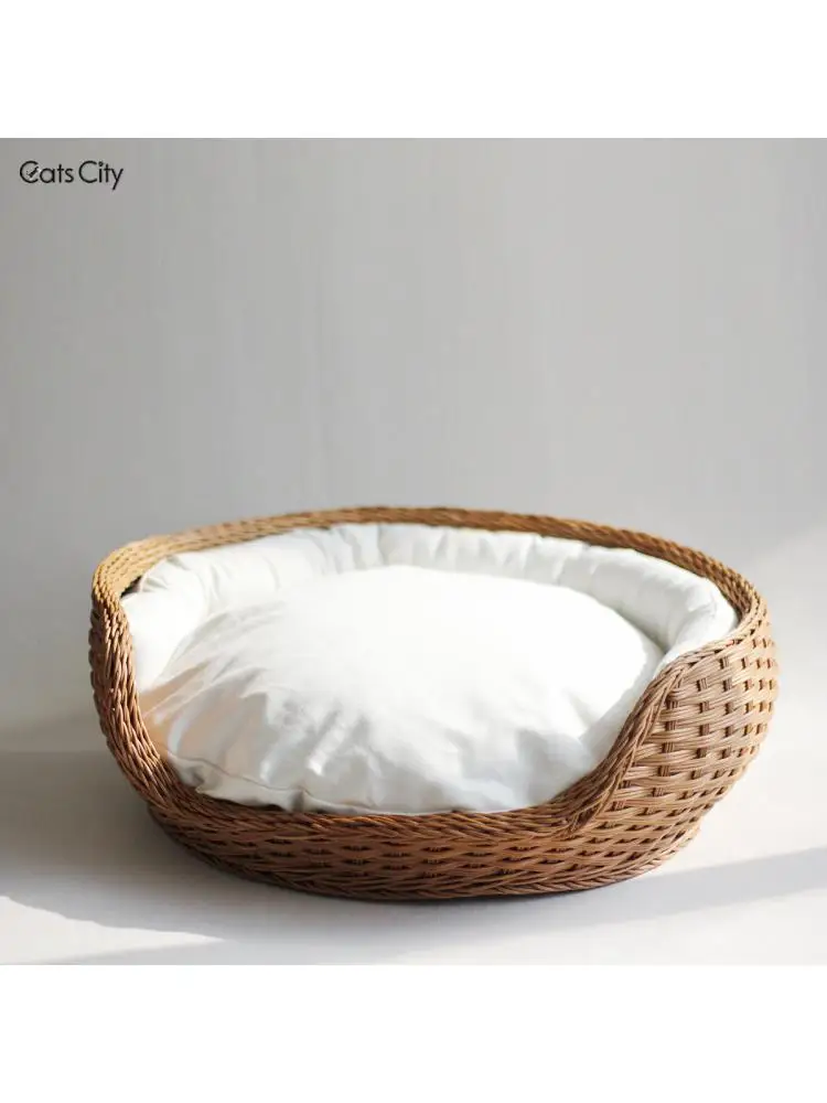 

Handmade Real Rattan Round Cat Litter, Warm Bed with Cushion, General, Four Seasons, Autumn and Winter