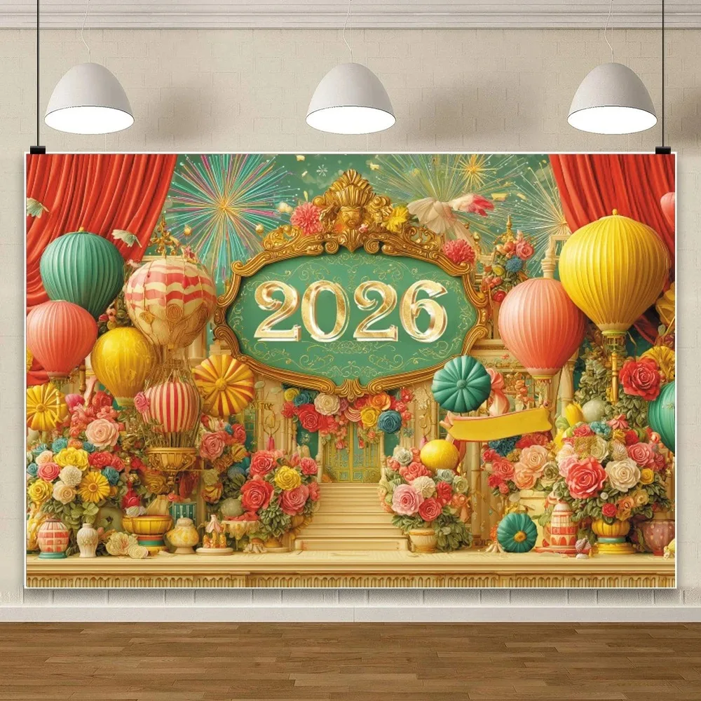 

New Year 2026 Family Party Photography Backdrop, Studio New Year Party Decoration Balloon Flower Decoration Photography Backdrop