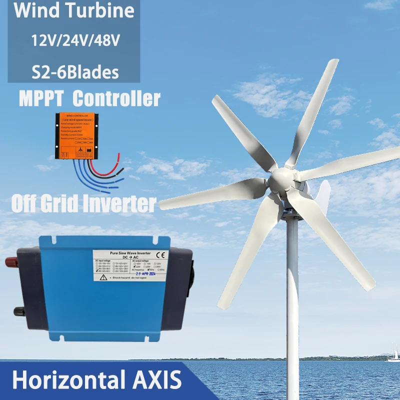 

8KW Low Start Wind Turbine Generator 12v 24v 48v Windmill Speed Free Alternative Energy 6 Blades With MPPT Hybrid Controller